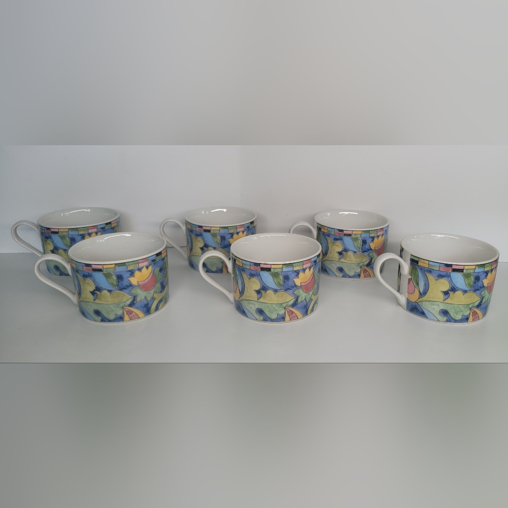 Set of 6 Vintage PTS International Fantasia Mosaic Floral Stoneware Cups 2.5"